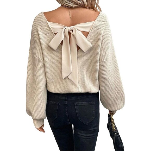 Tops - V Neck Sweater Women Knit Off Shoulder Long Sleeve Top Tie Back Apricot